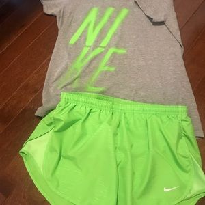 Nike running shorts, lime green  and T-shirt